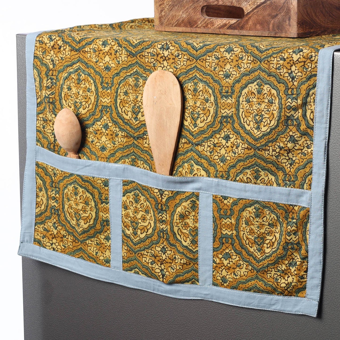 Yellow Ajrakh Block Printed Cotton Fridge Top Cover with Multiple Pockets