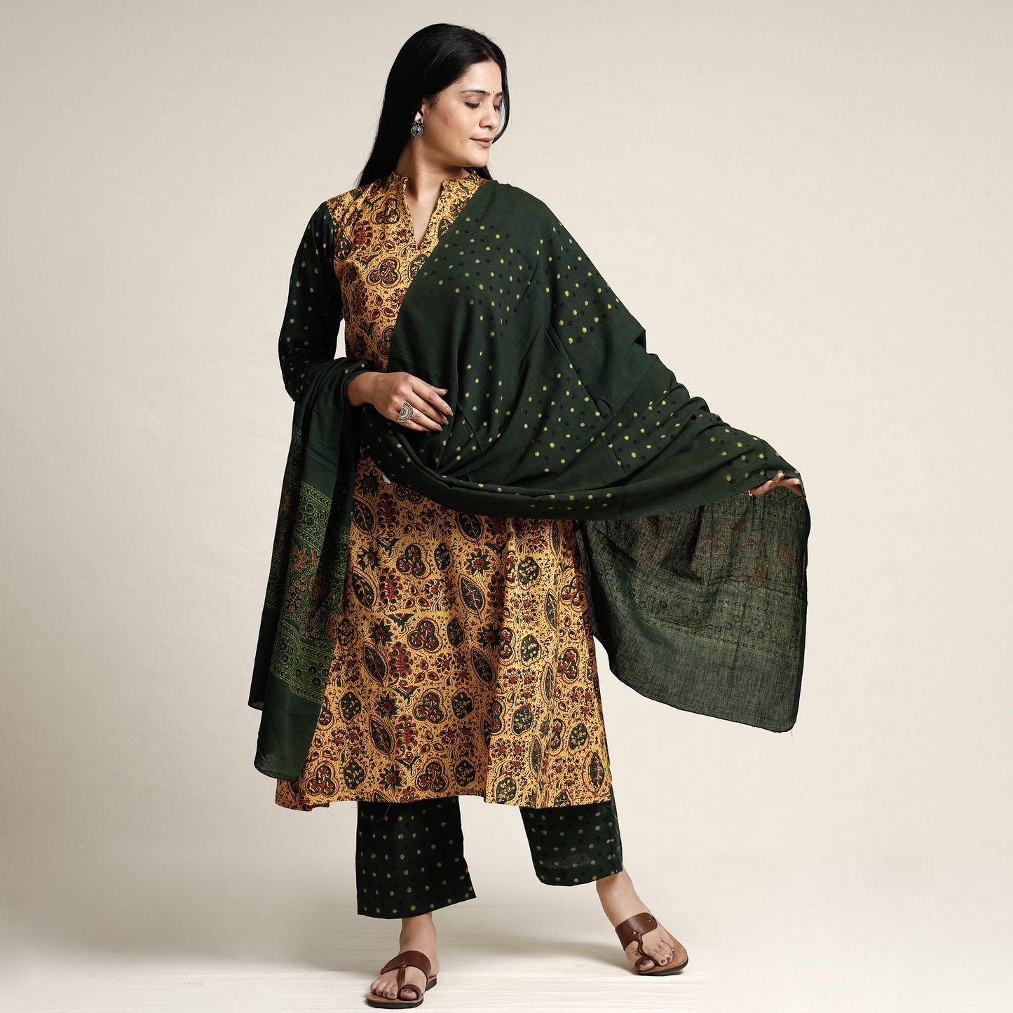 Buy Ajrakh Block Printed Cotton Kurta with Palazzo & Dupatta Set Online at iTokri.com