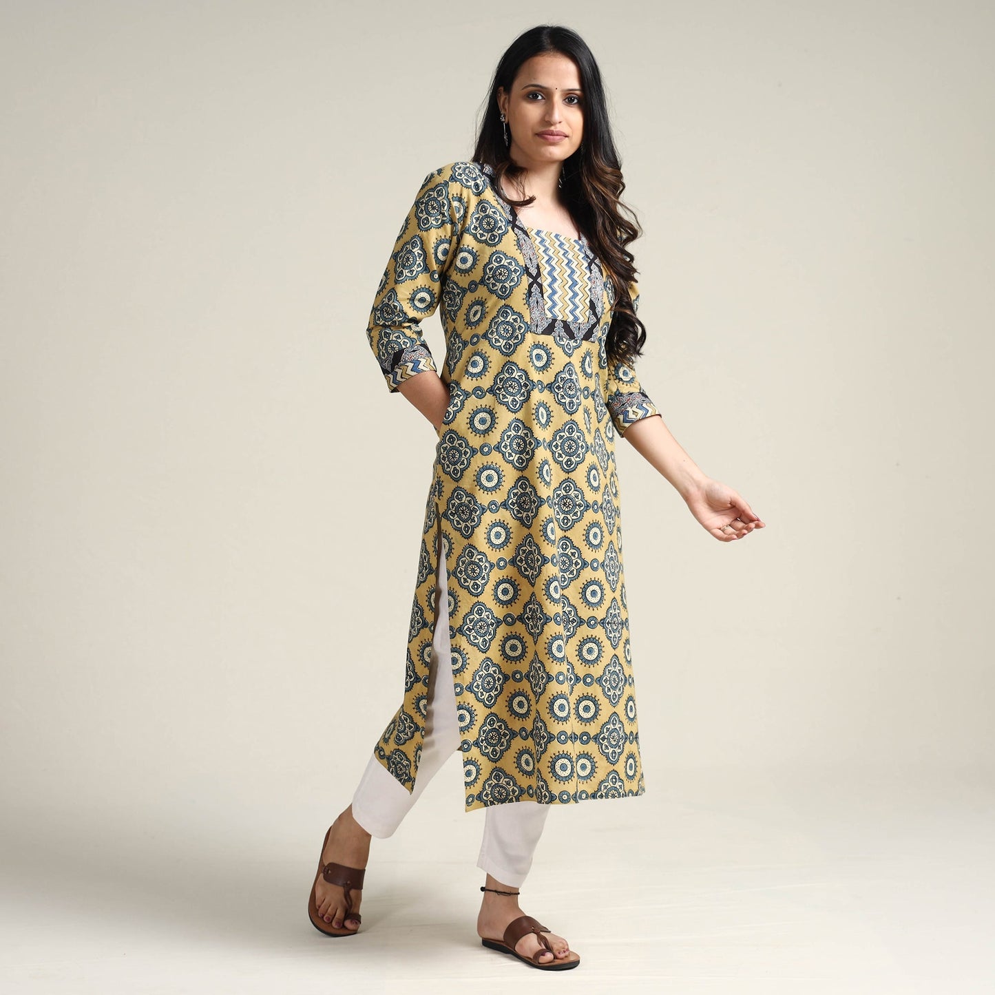 Ajrakh Block Printed Cotton Long Kurta for Women
