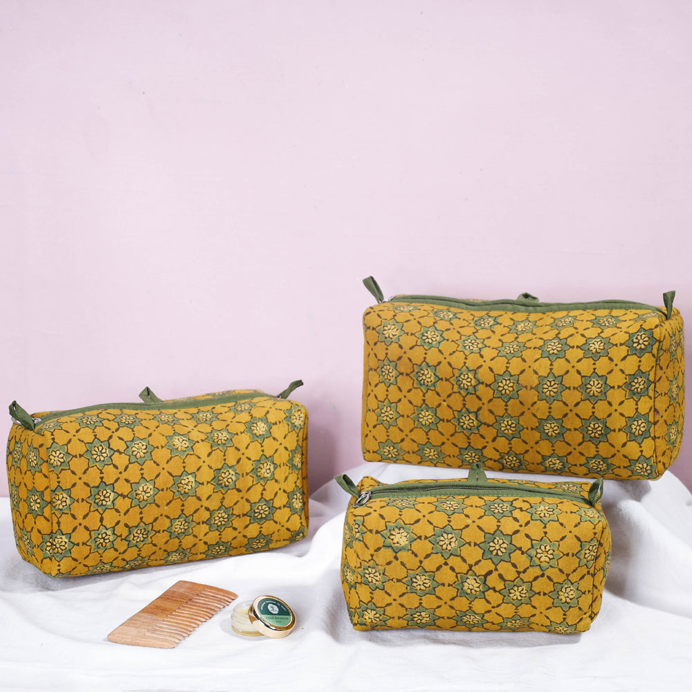 Ajrakh Block Printed Cotton Toiletry Bags (Set of 3)