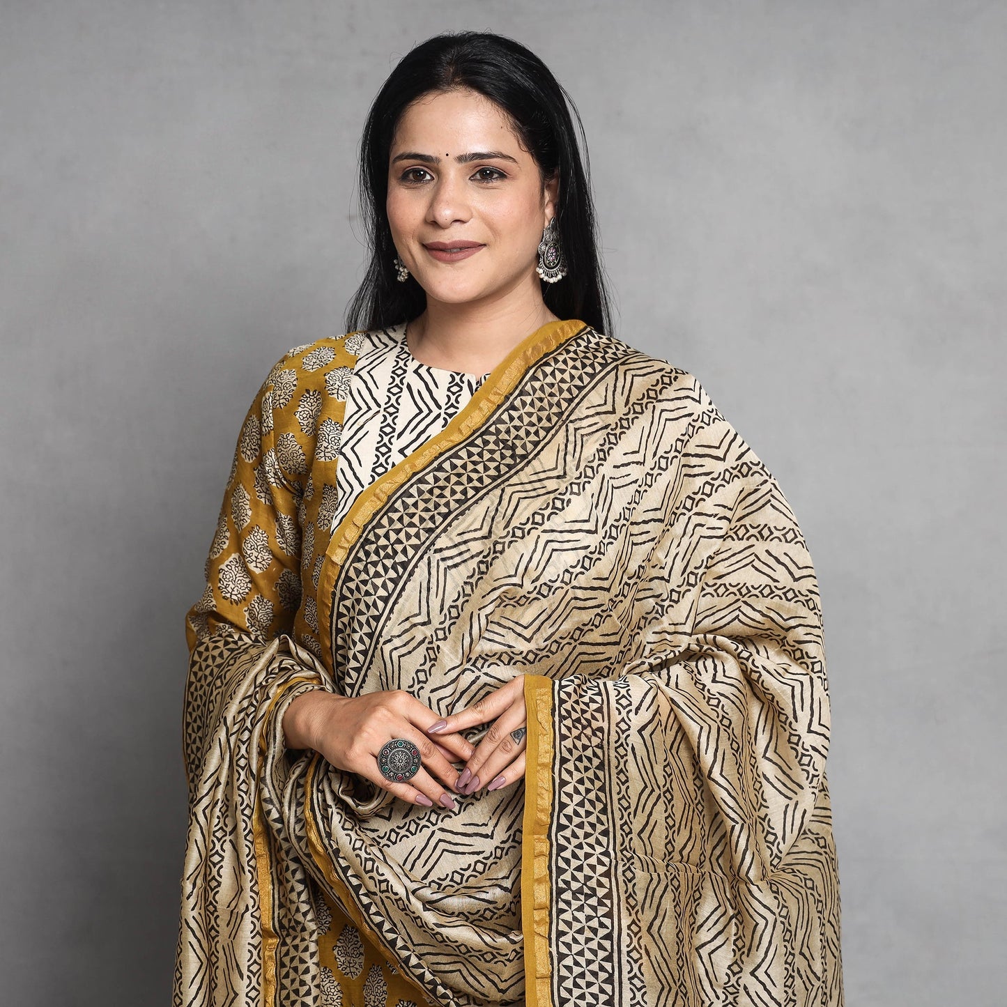 Yellow - Bagru Block Printed Chanderi Silk Kurta with Palazzo & Dupatta Set