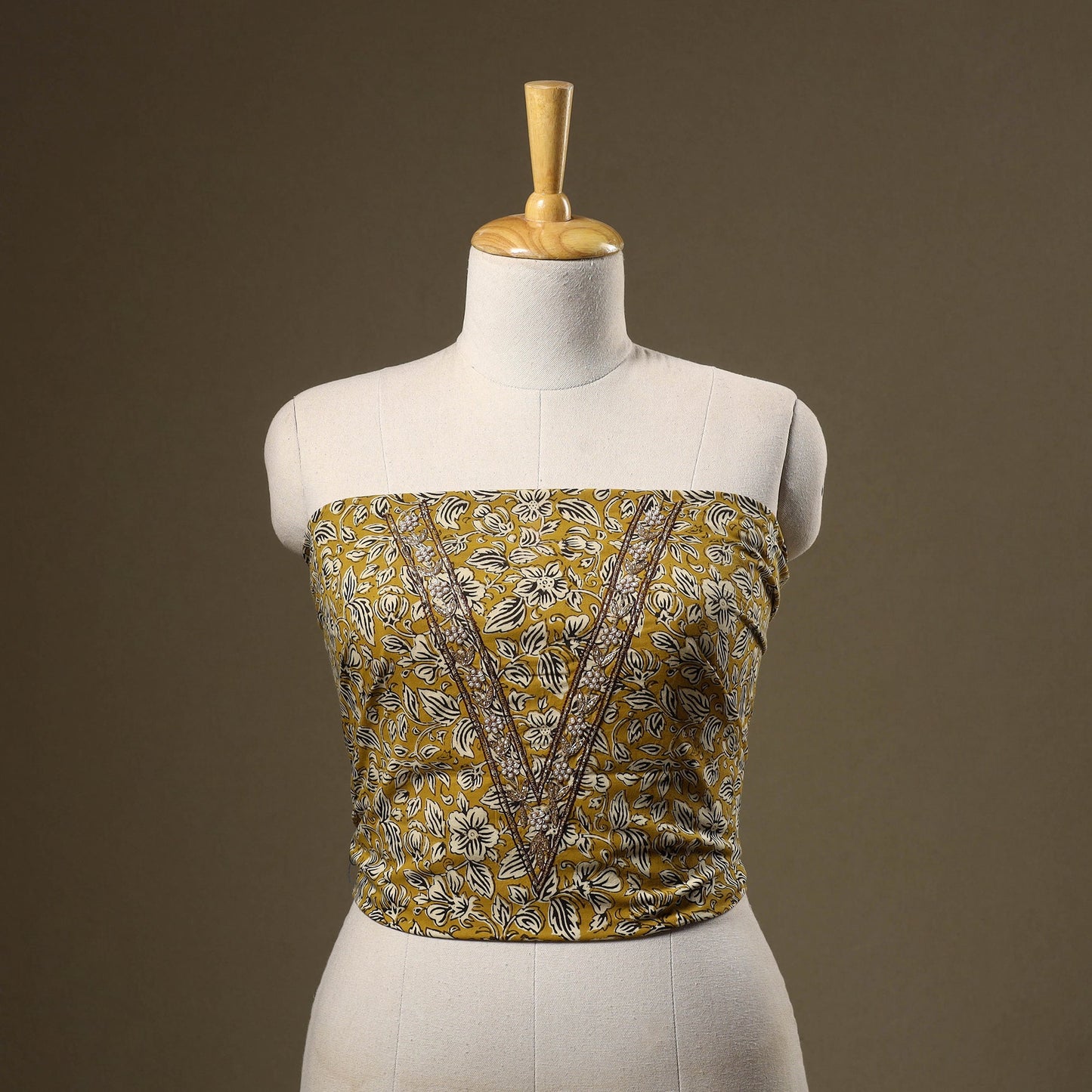 Yellow Bagru Print Hand Embroidery Cotton Blouse Piece