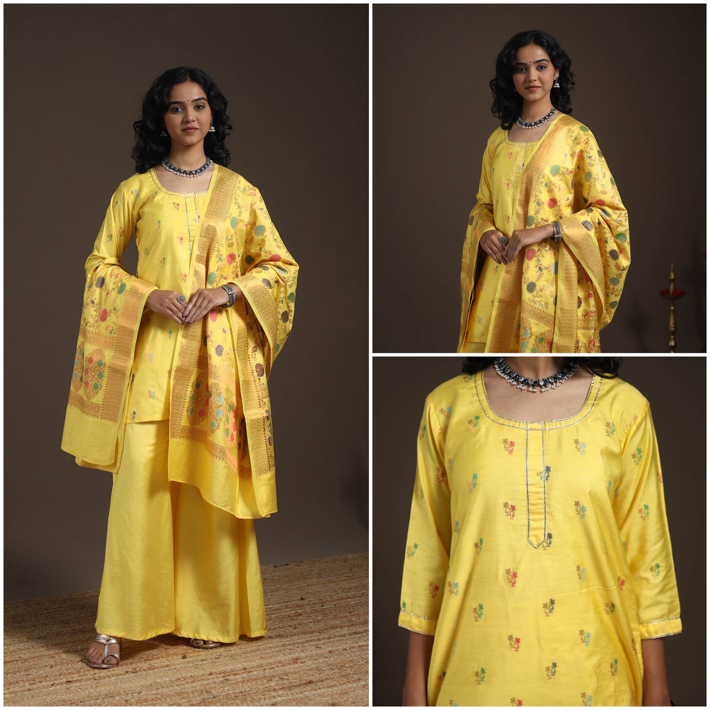 Yellow - banarasi with gota work meena weaving silk cotton