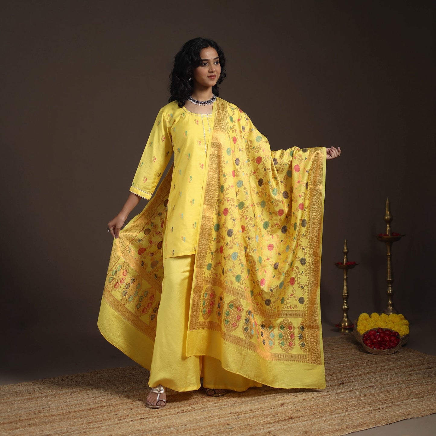 Yellow - banarasi with gota work meena weaving silk cotton