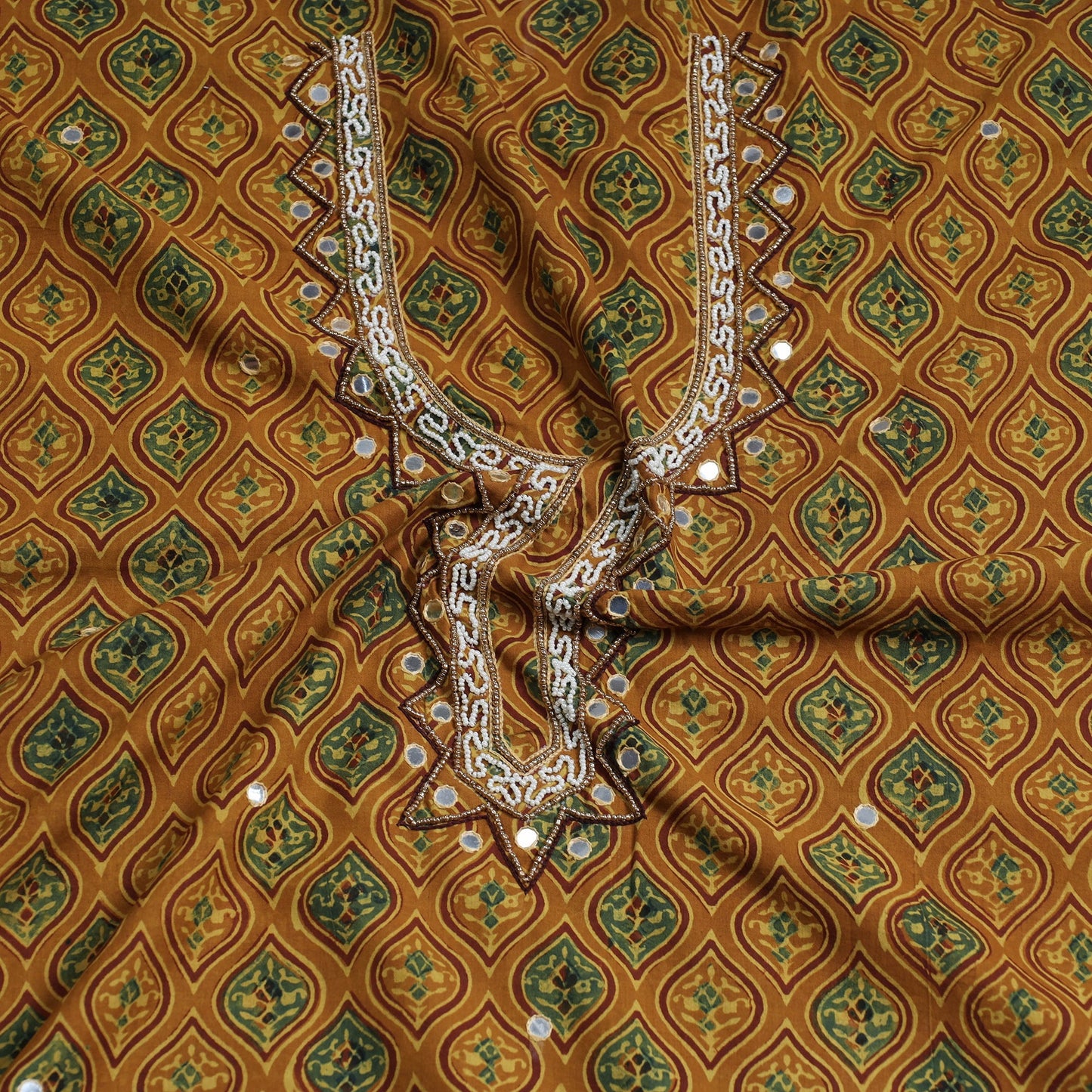 Bead Work Embroidery Ajrakh Block Printed Cotton Kurta Material
