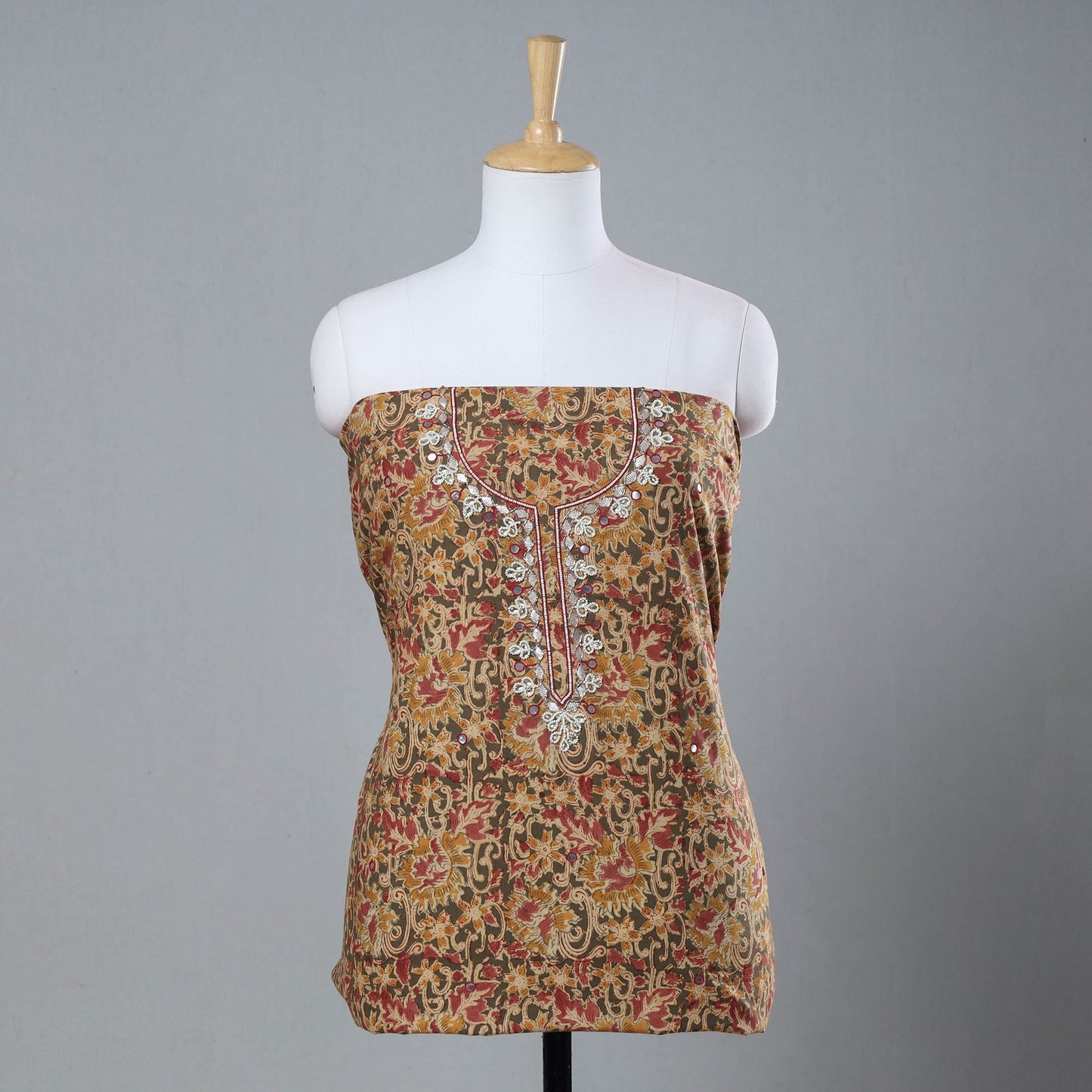 Bead Work Embroidery Kalamkari Block Printed Cotton Kurta Material