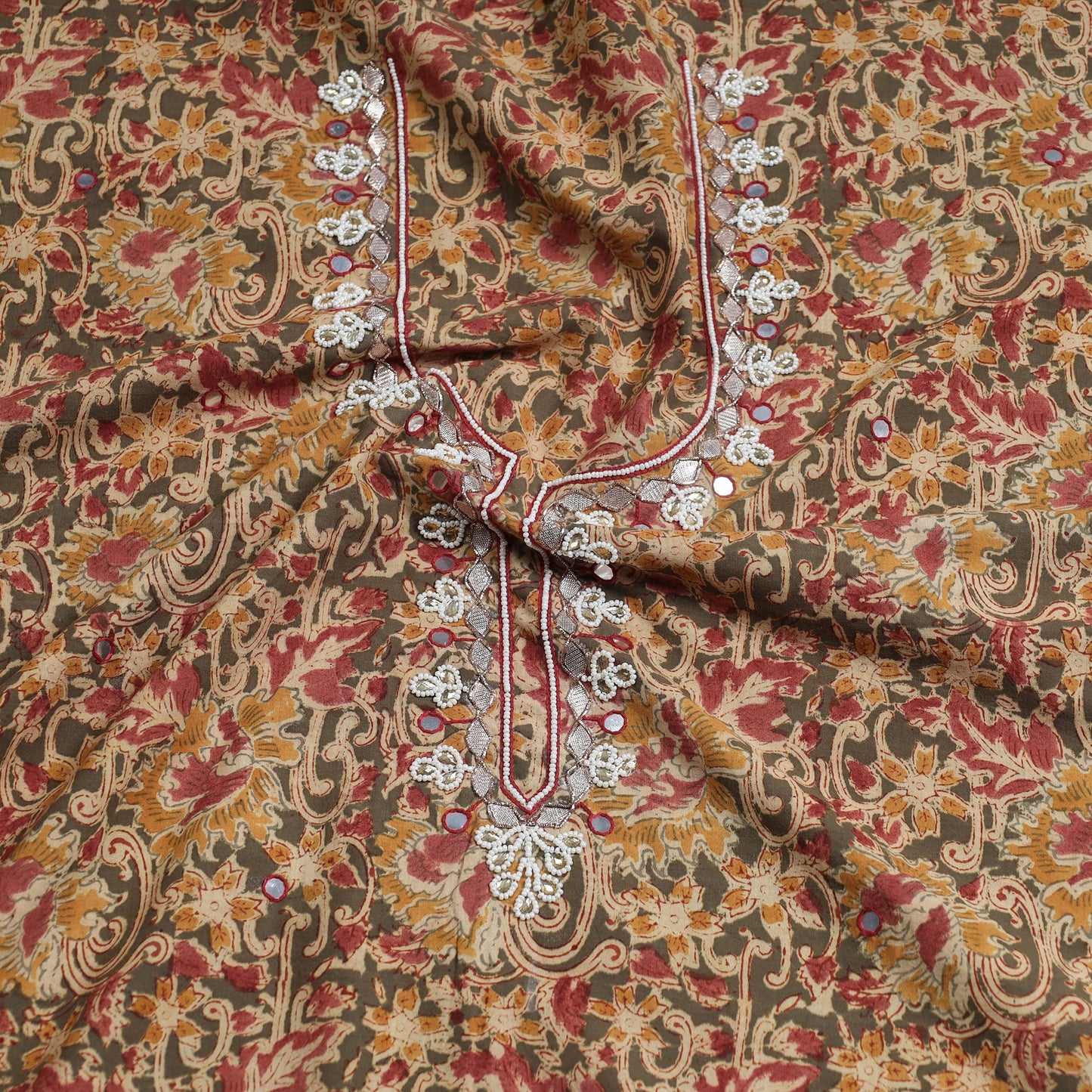 Bead Work Embroidery Kalamkari Block Printed Cotton Kurta Material