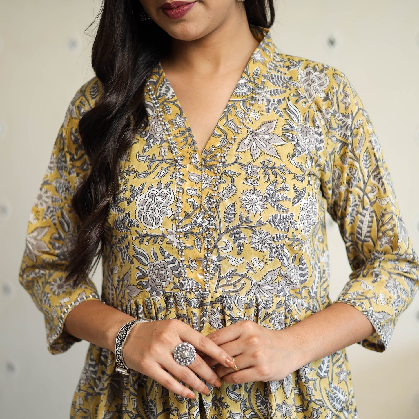 yellow Beadwork Flared Cotton Block Print Sanganeri Kurta