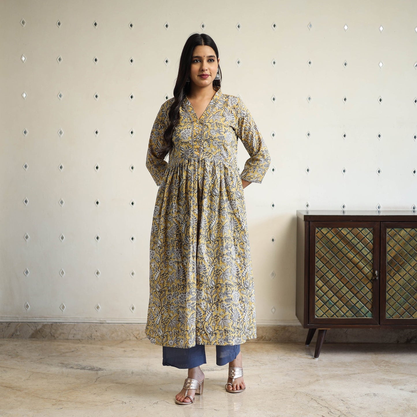 yellow Beadwork Flared Cotton Block Print Sanganeri Kurta