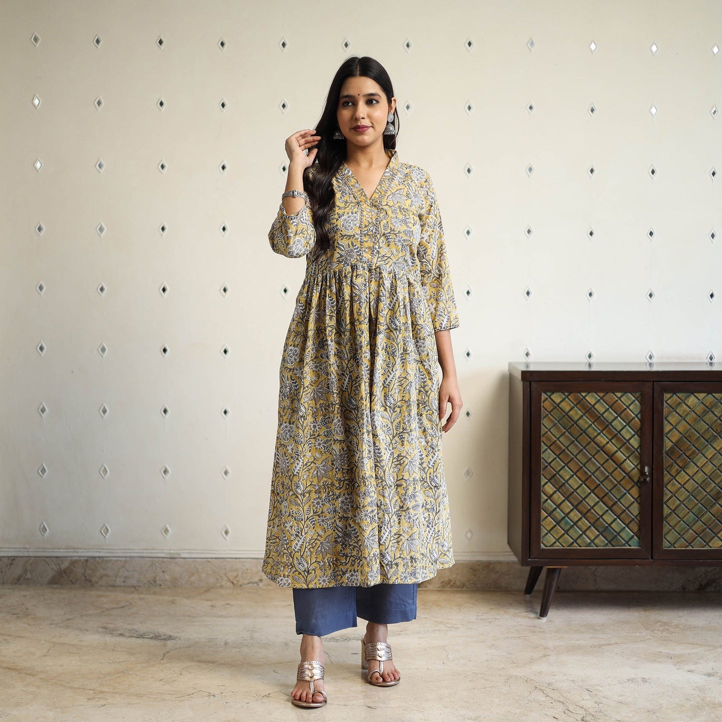 yellow Beadwork Flared Cotton Block Print Sanganeri Kurta