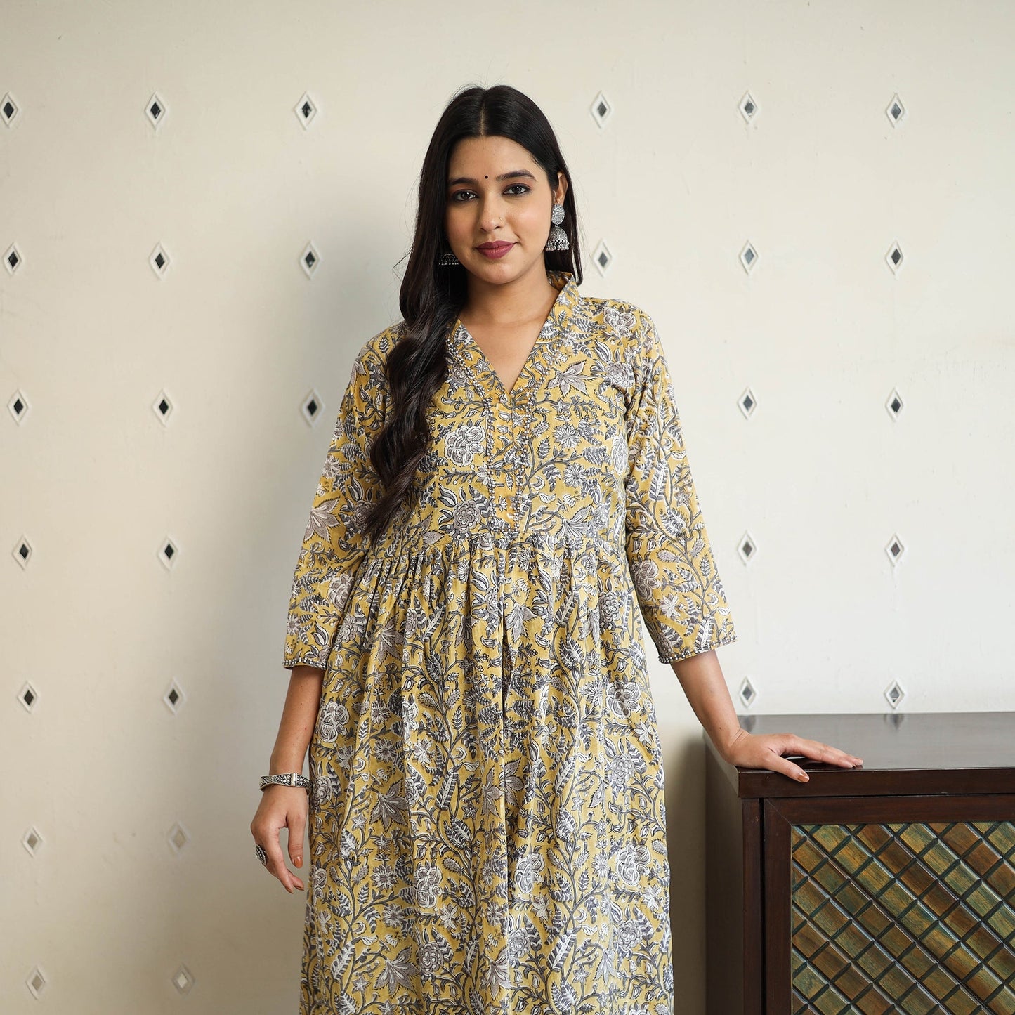 yellow Beadwork Flared Cotton Block Print Sanganeri Kurta