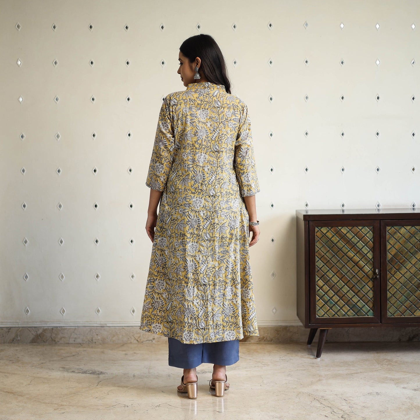 yellow Beadwork Flared Cotton Block Print Sanganeri Kurta