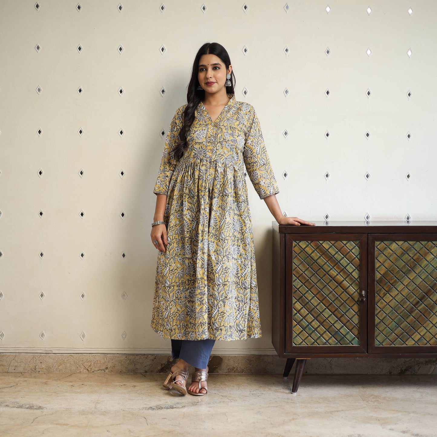 yellow Beadwork Flared Cotton Block Print Sanganeri Kurta