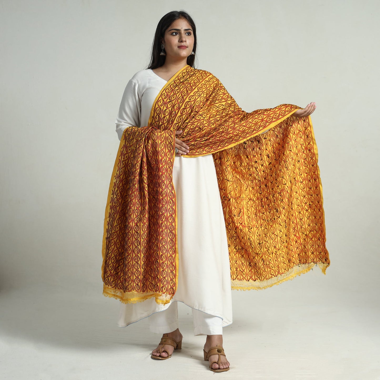 Bengal Kantha Embroidery Block Printed Silk Handloom Dupatta 17