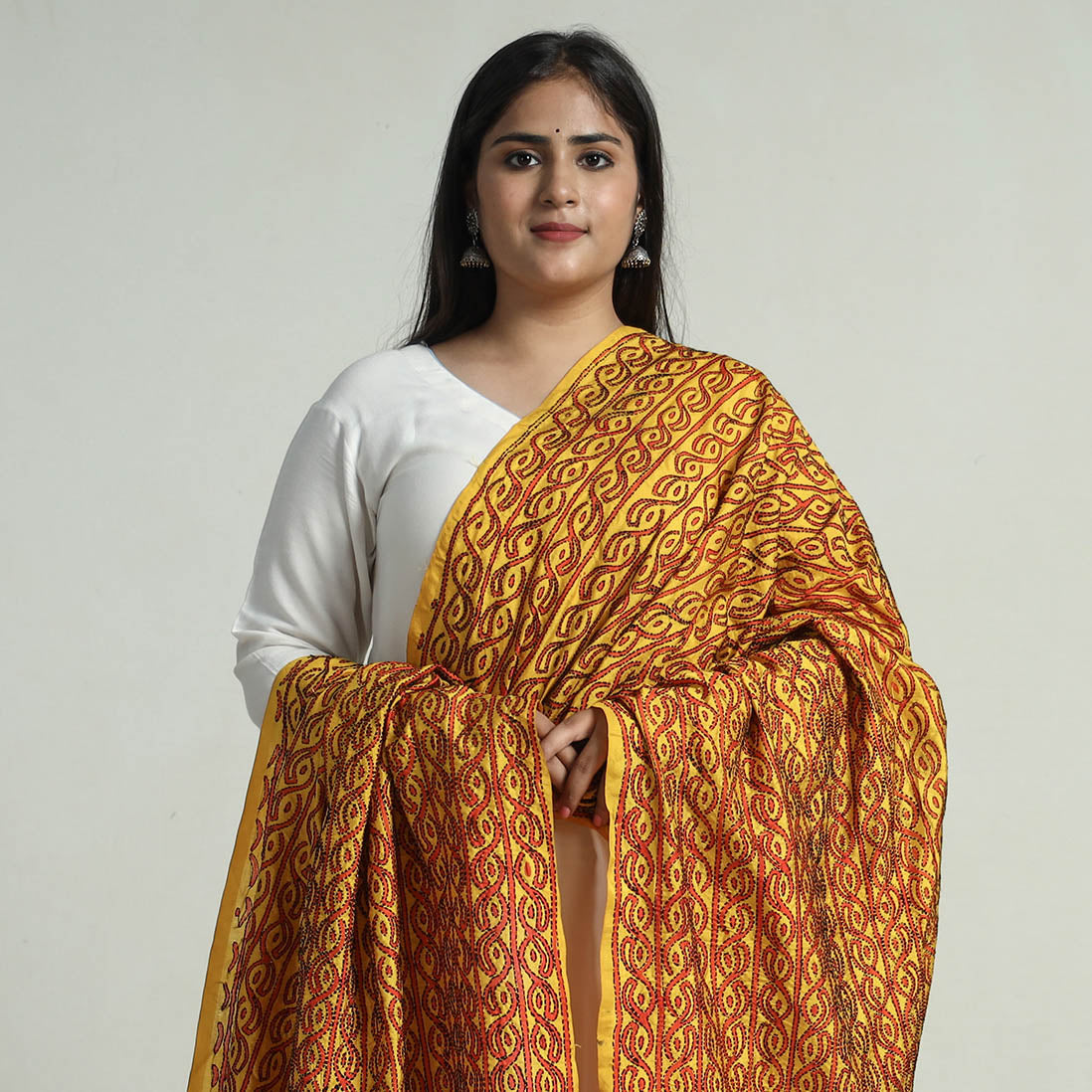 Bengal Kantha Embroidery Block Printed Silk Handloom Dupatta 17
