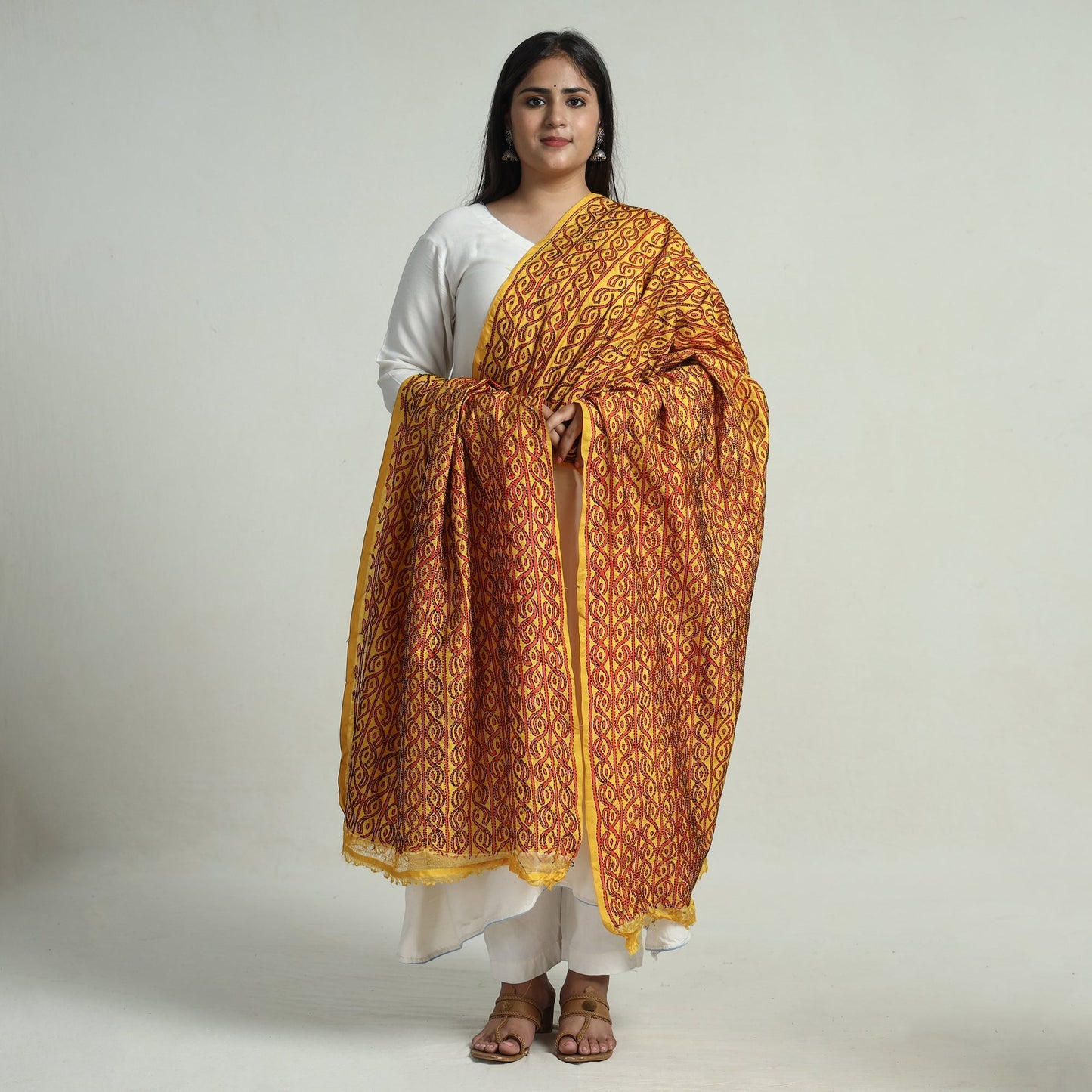 Bengal Kantha Embroidery Block Printed Silk Handloom Dupatta 17