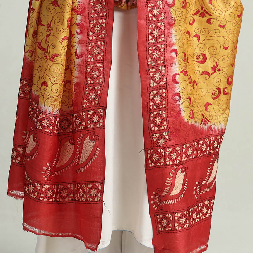 Bengal Kantha Embroidery Tussar Silk Handloom Dupatta 09