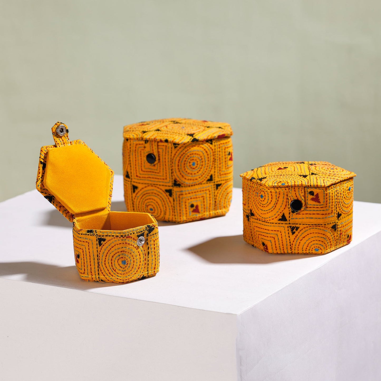 Bengal Kantha Work Handcrafted Hexagon Jewelry Box (Set of 3)