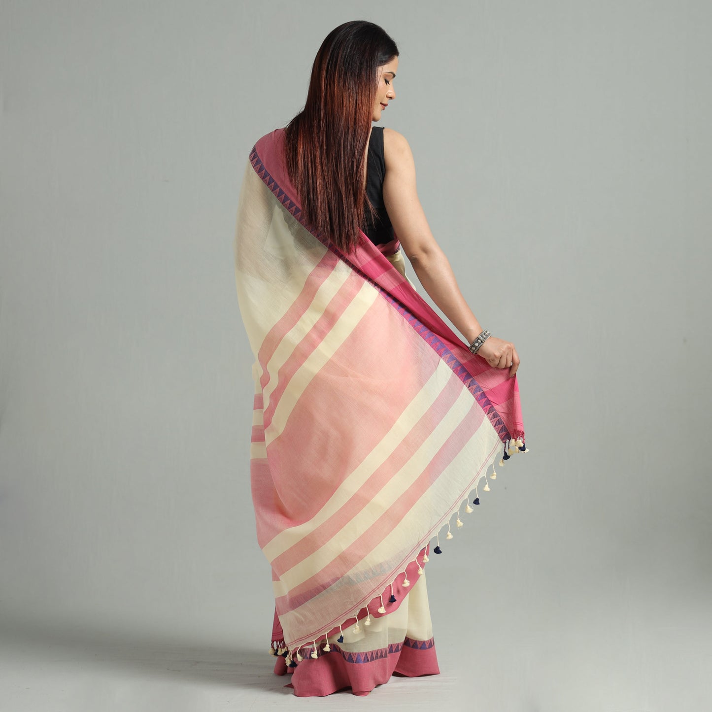 Yellow - bengal woven border handloom pure cotton saree 57