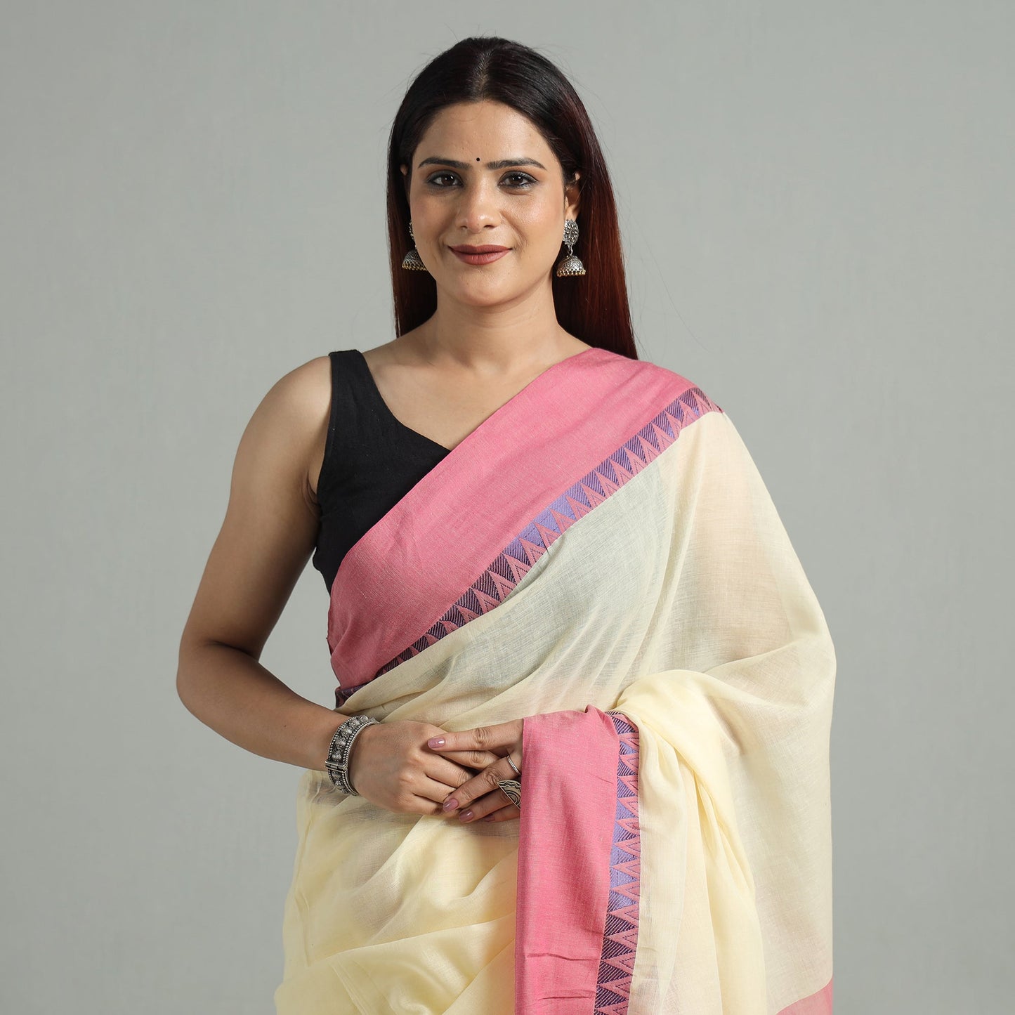 Yellow - bengal woven border handloom pure cotton saree 57