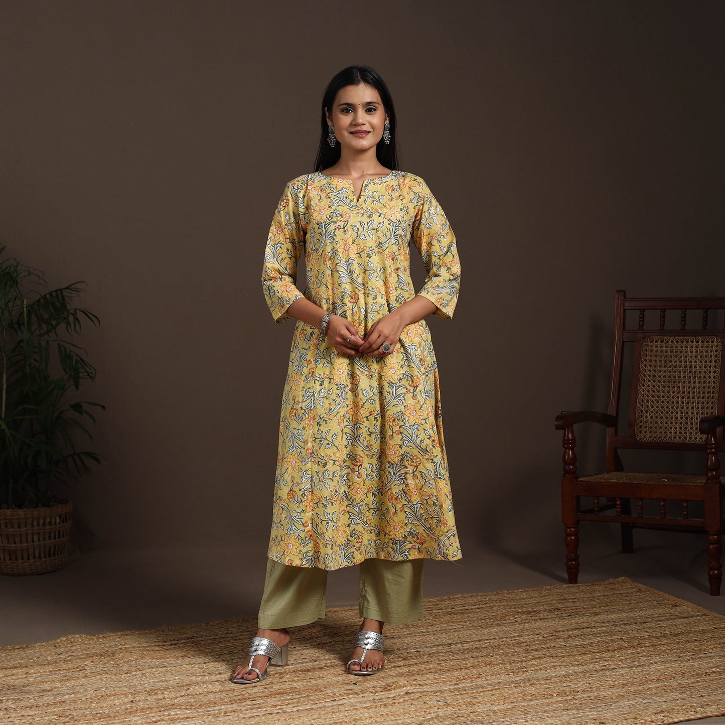 Yellow - cotton a-line sanganeri kurta 04 - handcrafted