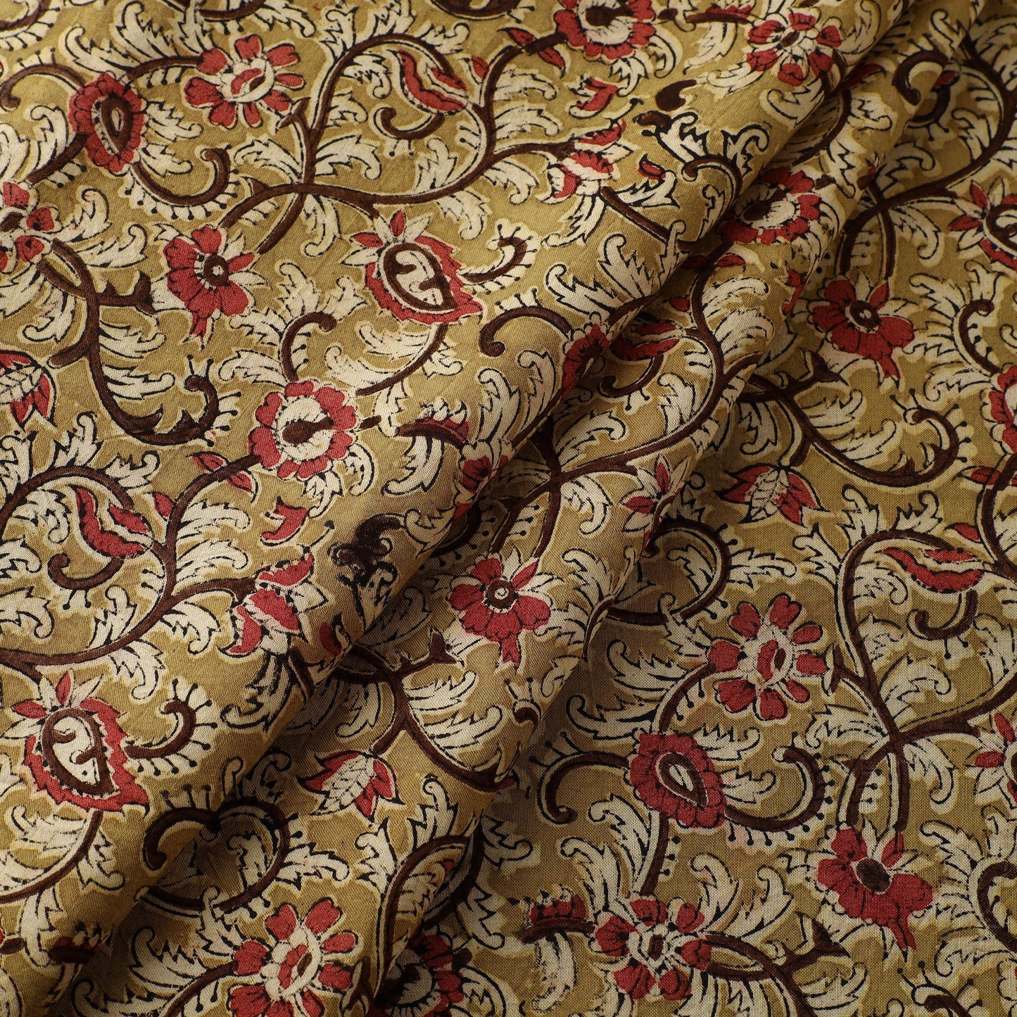 Yellow Block Print Cotton Pedana Kalamkari Fabric