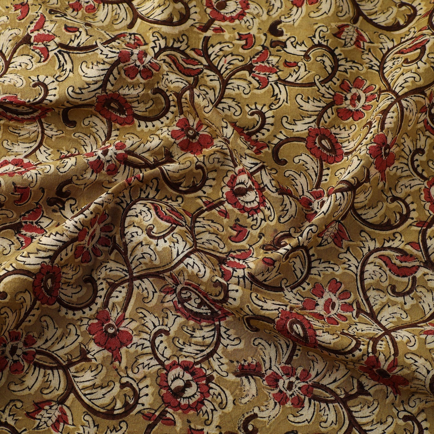Yellow Block Print Cotton Pedana Kalamkari Fabric