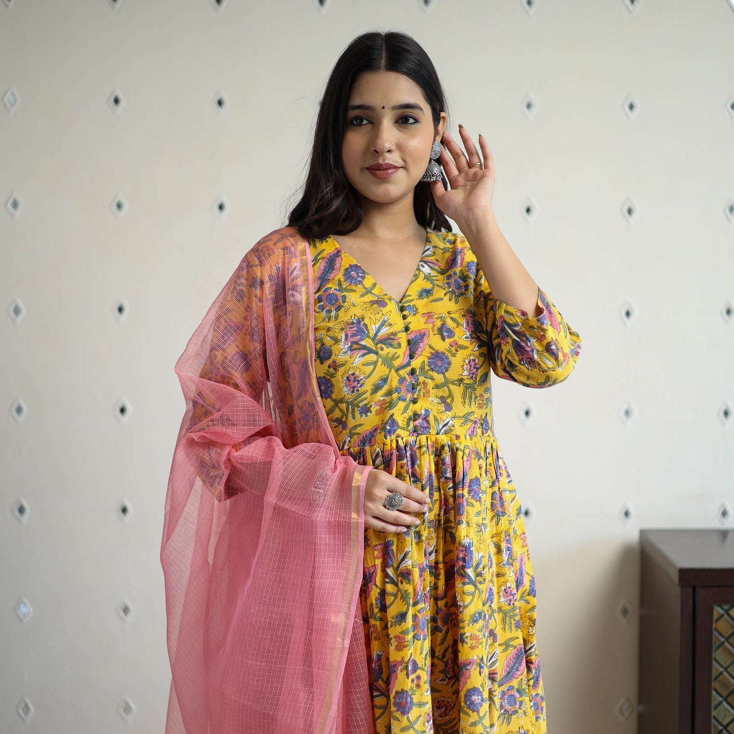 Yellow Block Print Cotton Sanganeri Kurta Set (Set of 3)