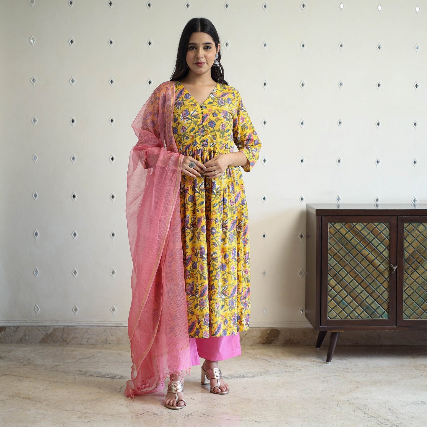Yellow Block Print Cotton Sanganeri Kurta Set (Set of 3)