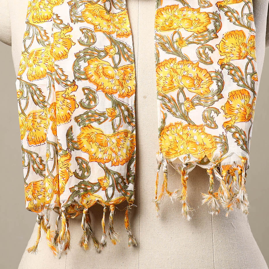 Yellow - cotton sanganeri stole with tassels 180