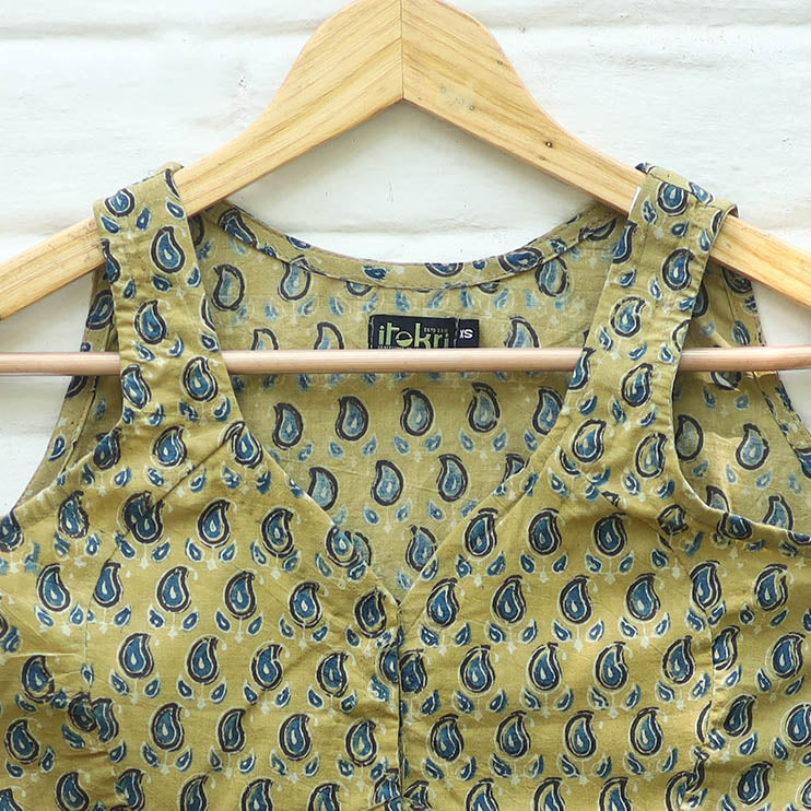 Yellow Block Print Cotton Stitched Ajrakh Blouse