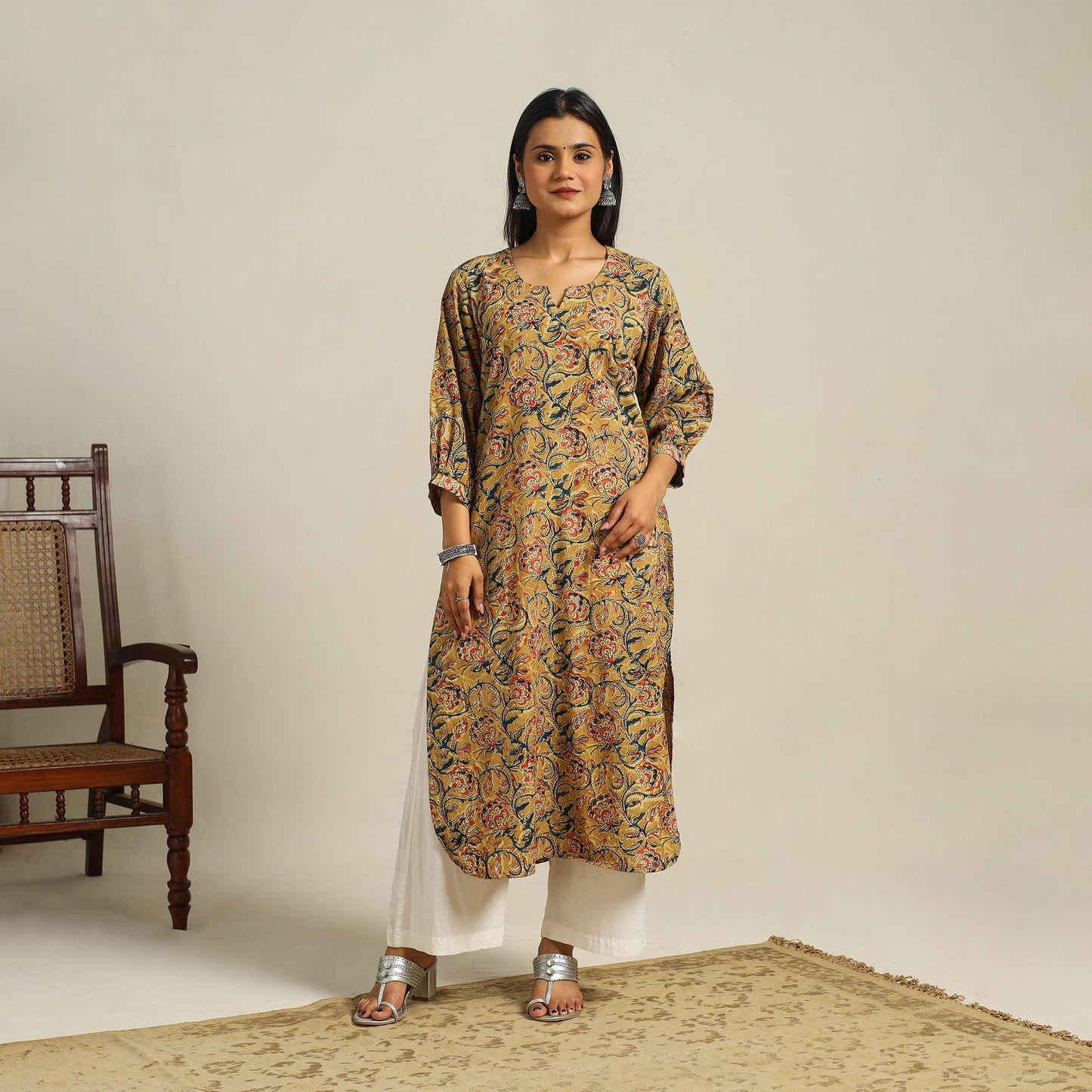 Yellow Block Print Cotton Straight Kalamkari Kurta For Women
