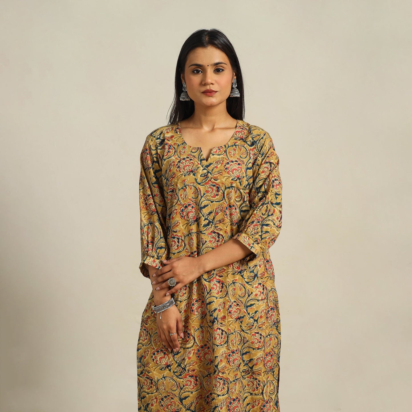 Yellow Block Print Cotton Straight Kalamkari Kurta For Women