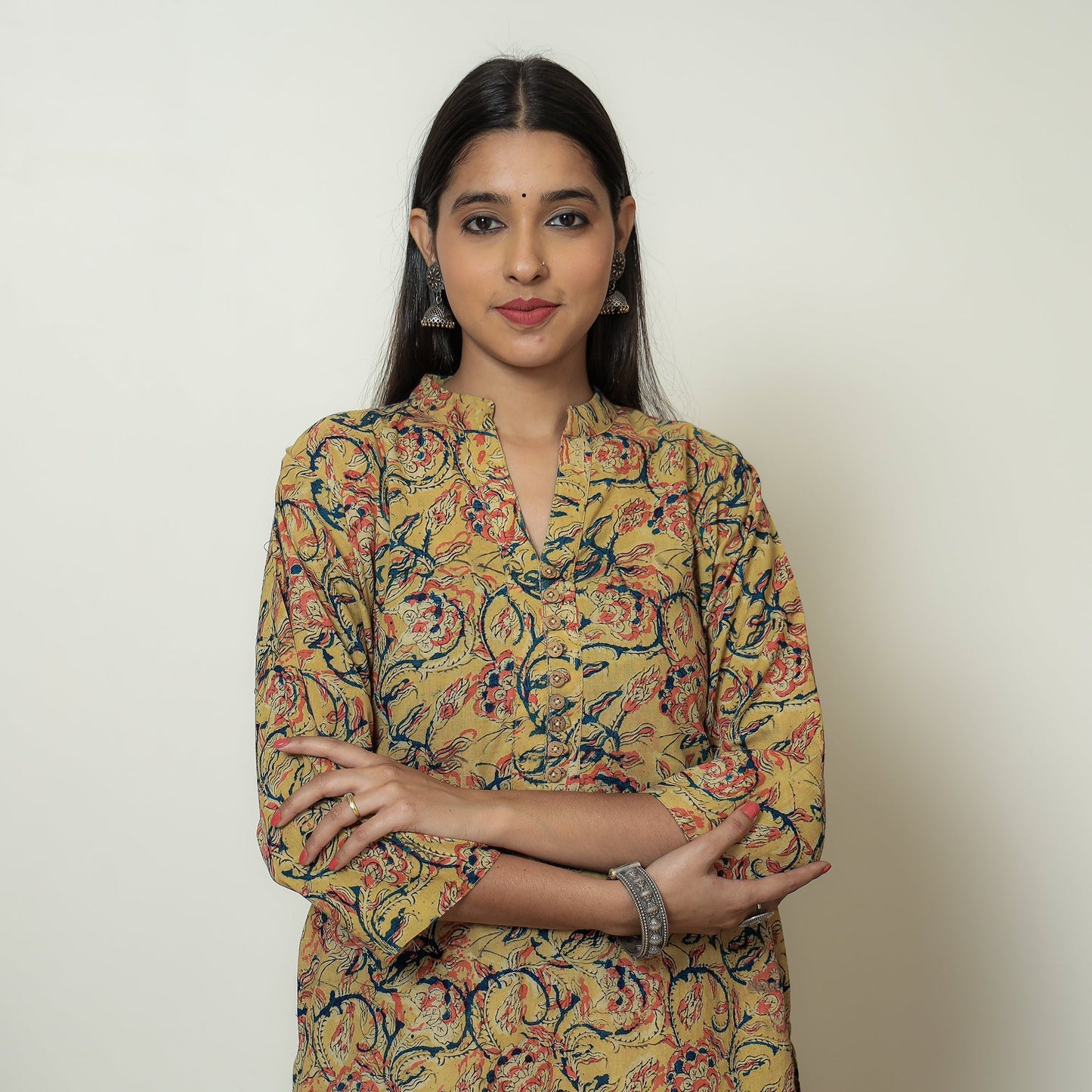 Yellow Block Print Cotton Straight Kalamkari Kurta for Women