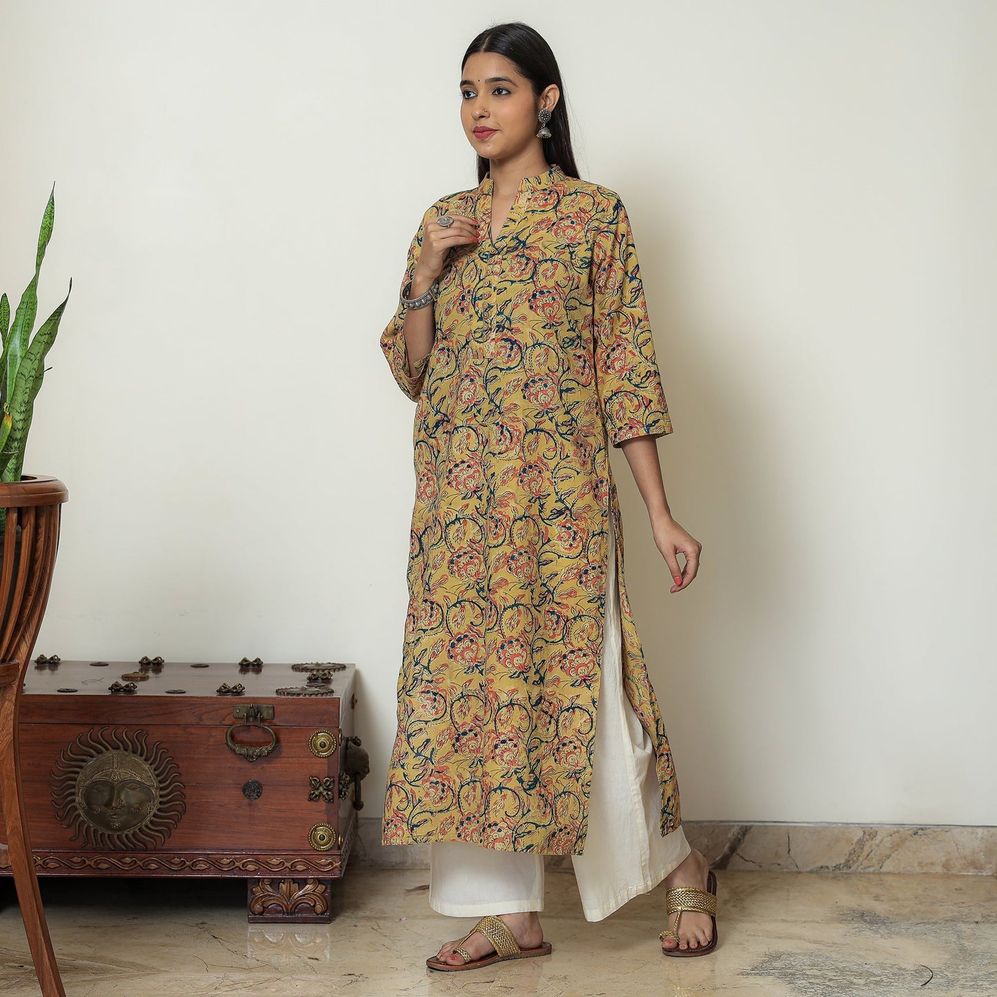 Yellow Block Print Cotton Straight Kalamkari Kurta for Women