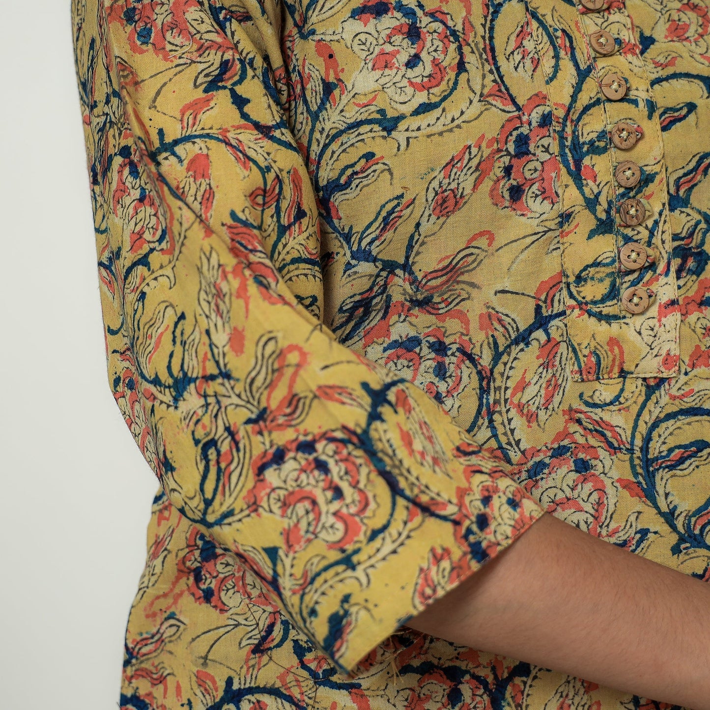 Yellow Block Print Cotton Straight Kalamkari Kurta for Women