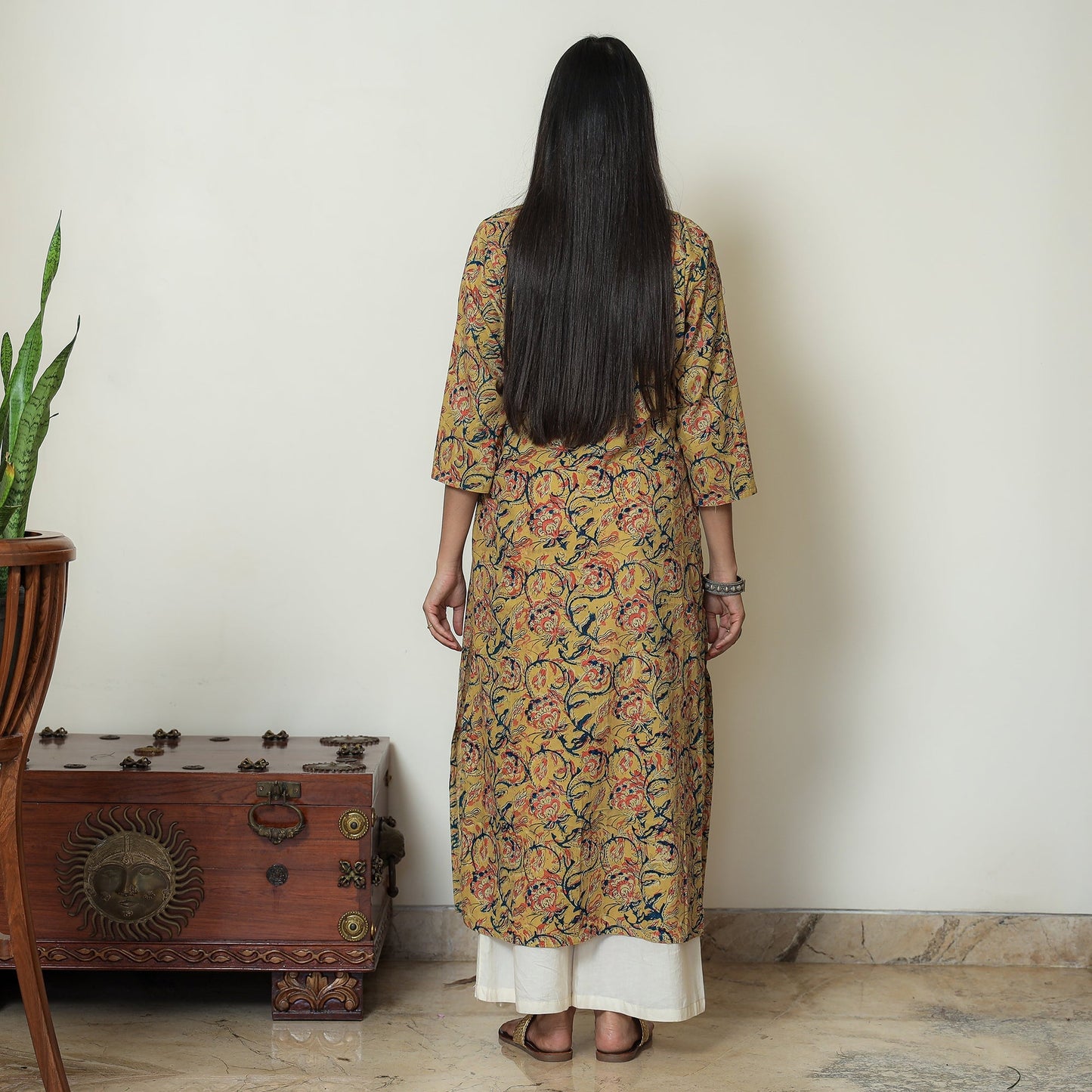 Yellow Block Print Cotton Straight Kalamkari Kurta for Women