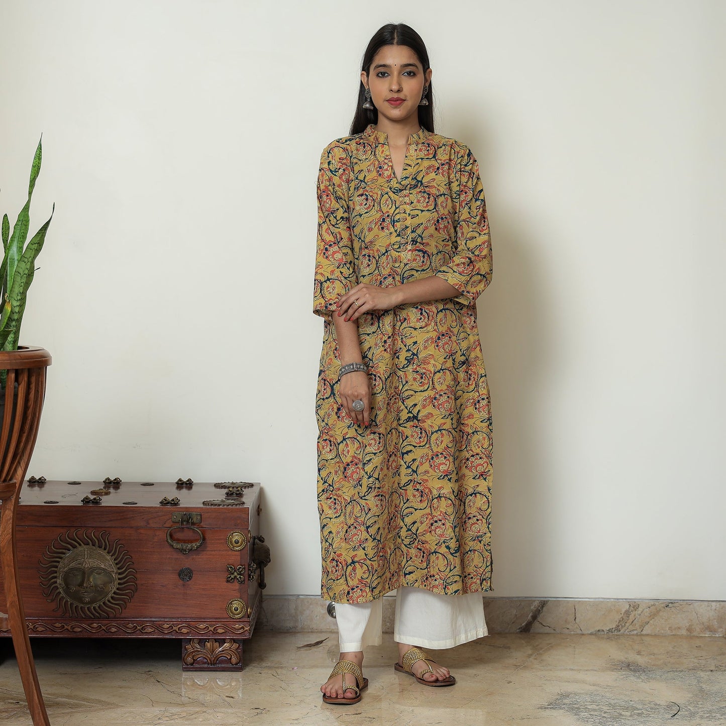 Yellow Block Print Cotton Straight Kalamkari Kurta for Women