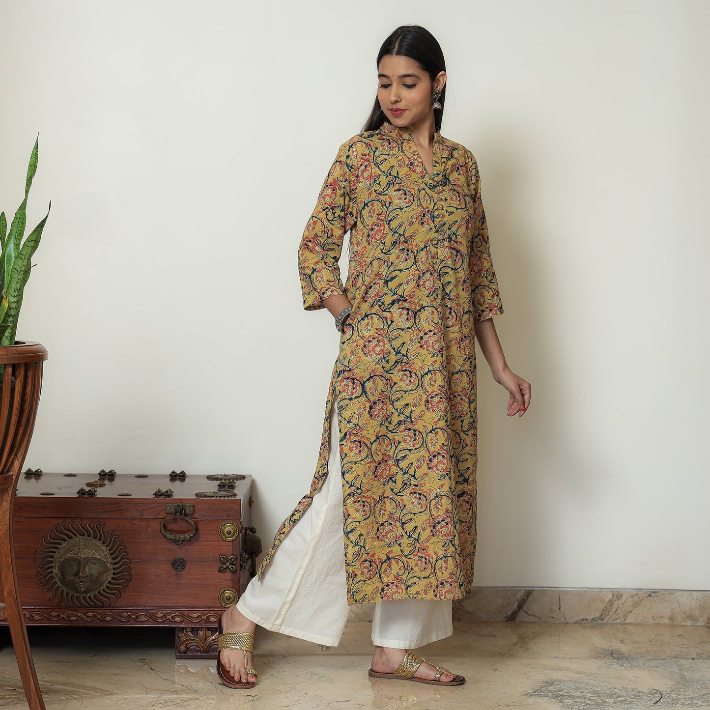 Yellow Block Print Cotton Straight Kalamkari Kurta for Women