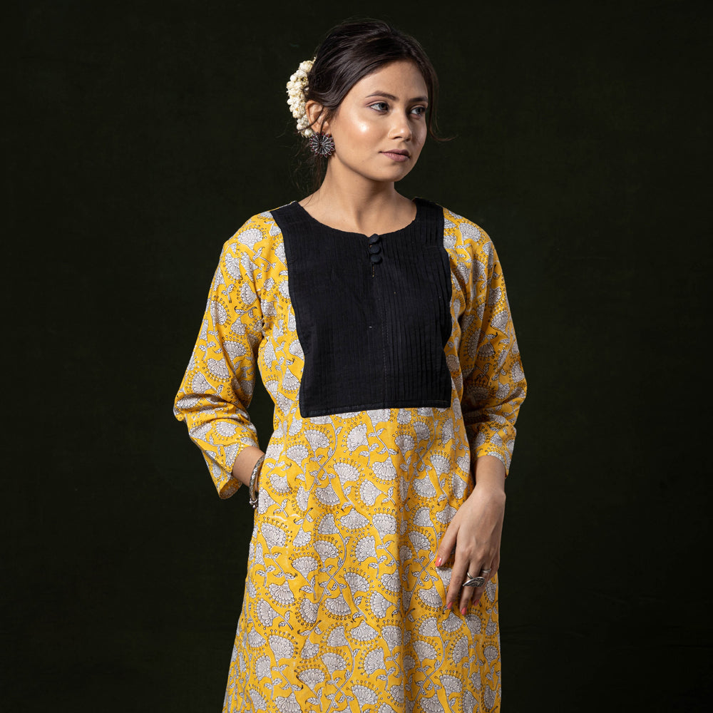 Buy Yellow Block Print Cotton Straight Pintuck Sanganeri Kurta