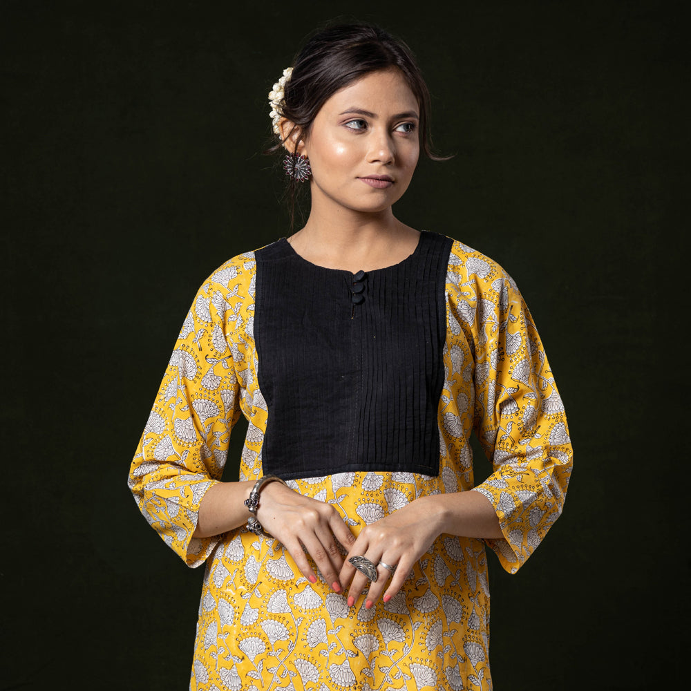 Buy Yellow Block Print Cotton Straight Pintuck Sanganeri Kurta