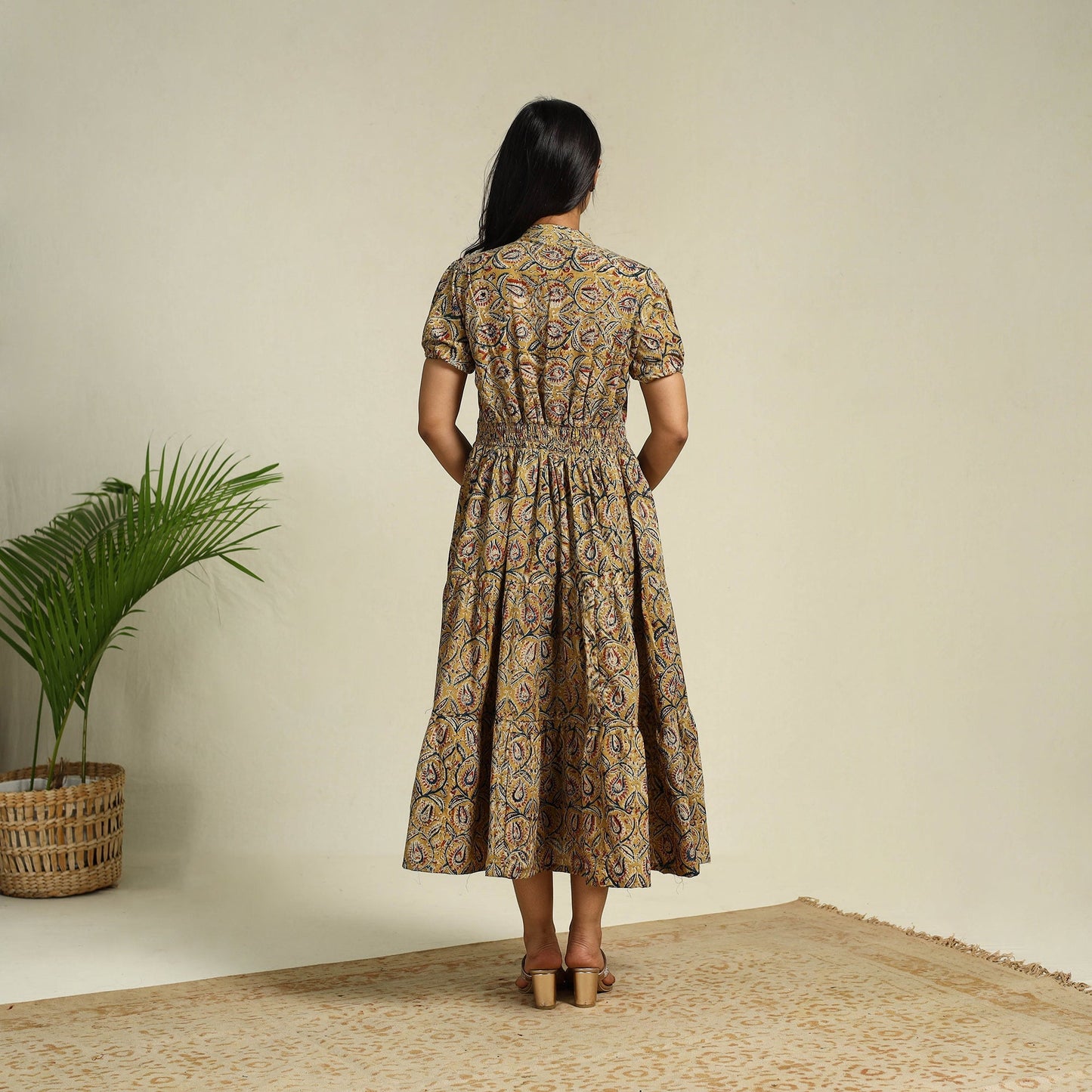 Yellow Block Print Cotton Tiered Kalamkari Dress