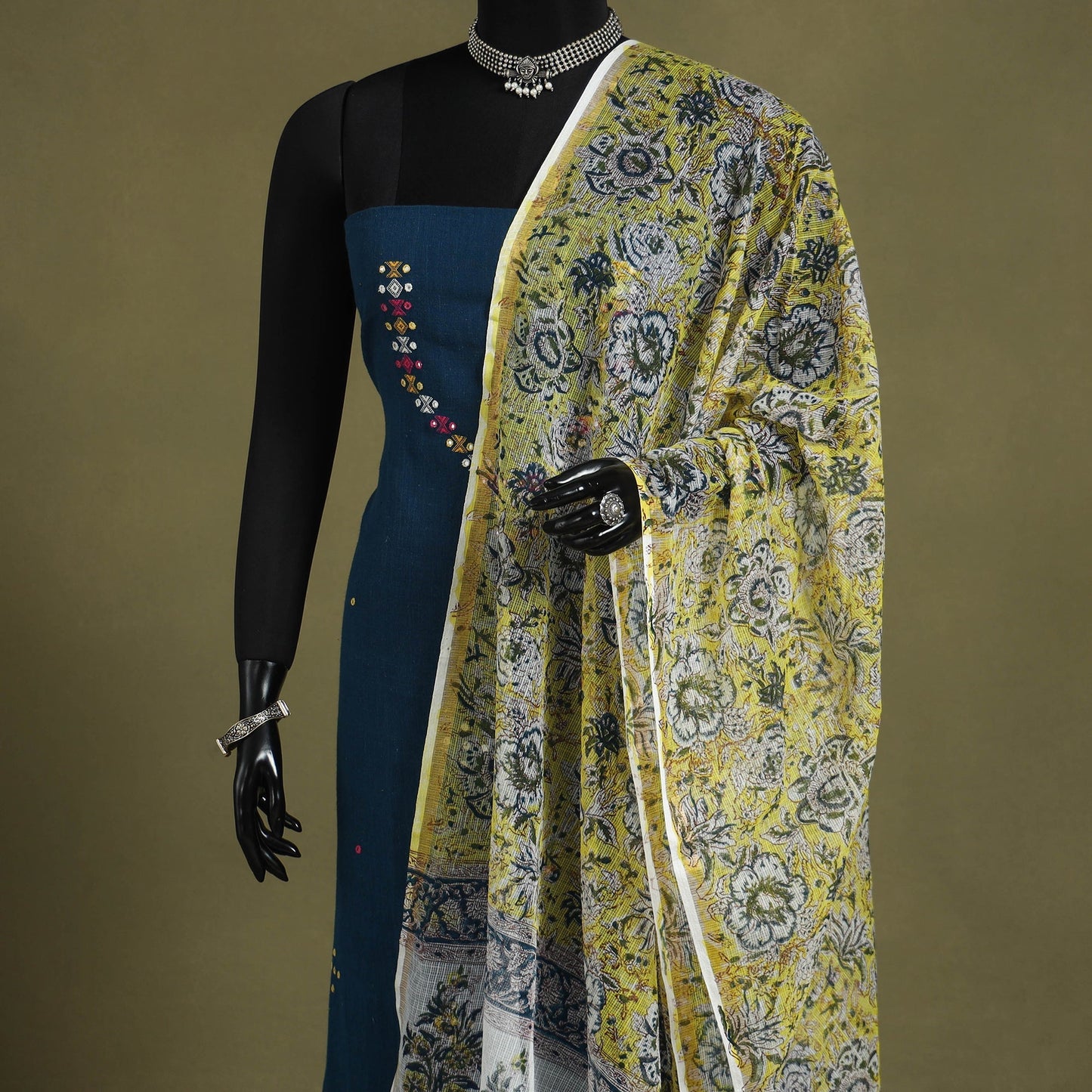 Yellow Block Print Kota Doria Cotton Sanganeri Floral Dupatta