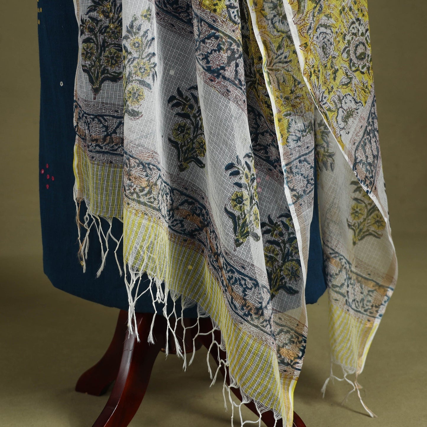 Yellow Block Print Kota Doria Cotton Sanganeri Floral Dupatta
