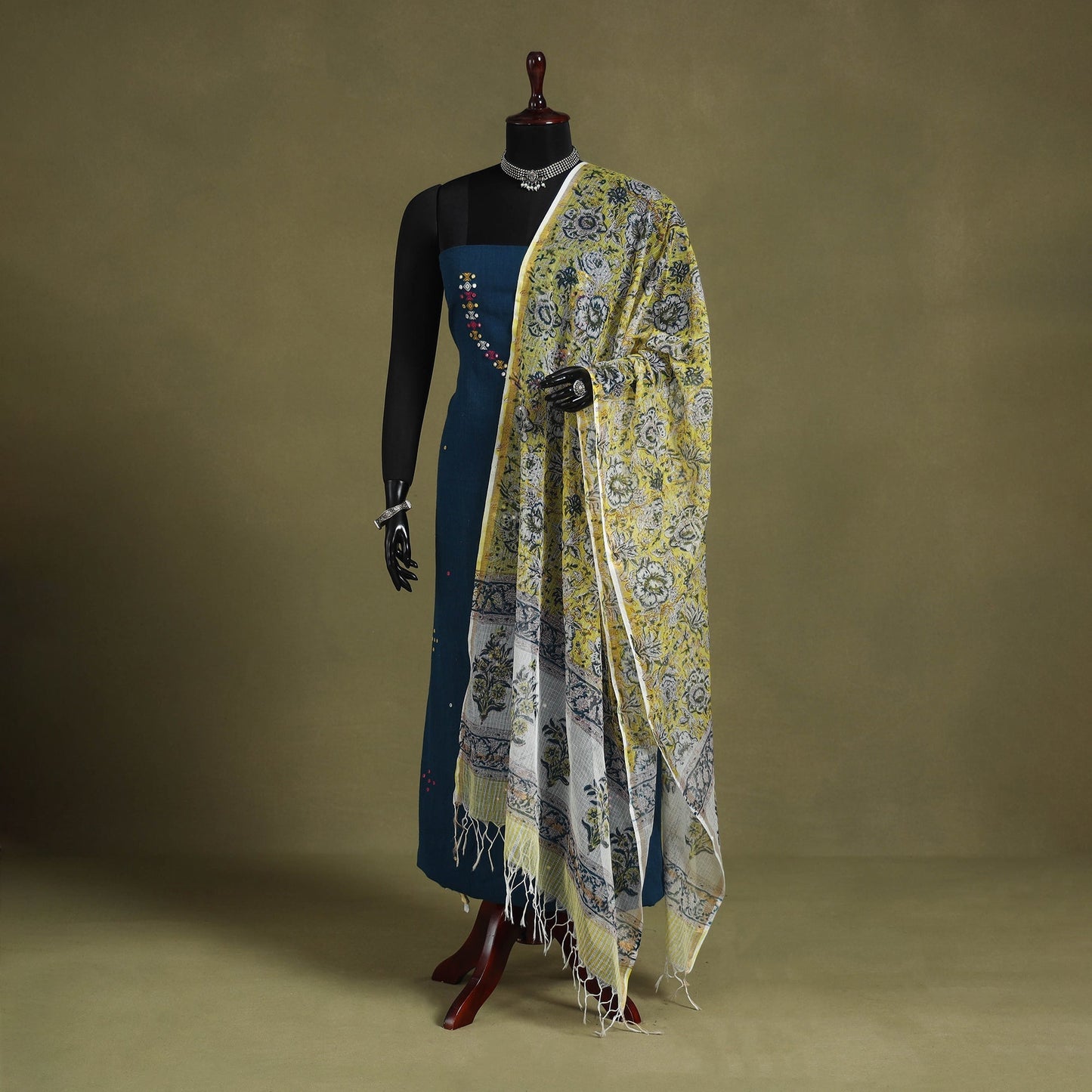Yellow Block Print Kota Doria Cotton Sanganeri Floral Dupatta