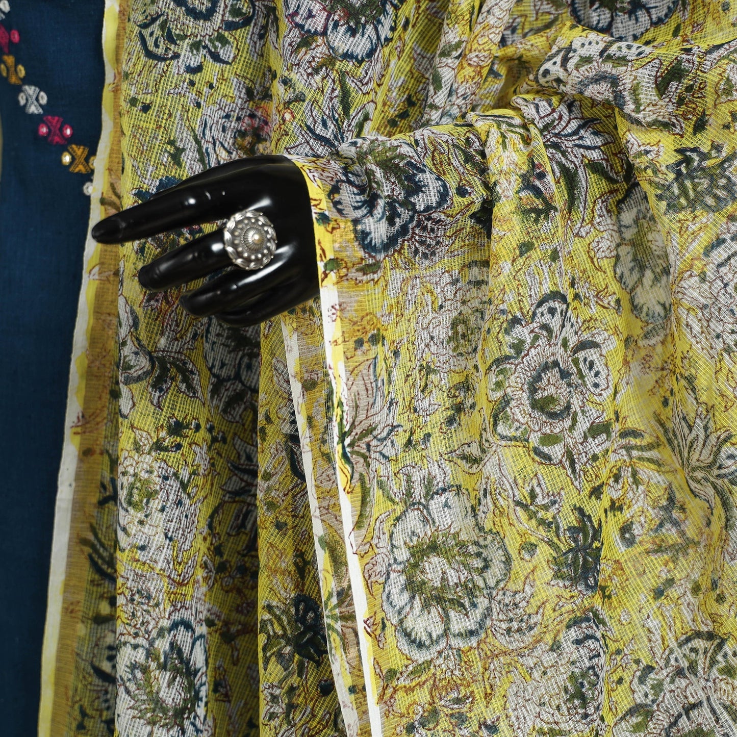 Yellow Block Print Kota Doria Cotton Sanganeri Floral Dupatta