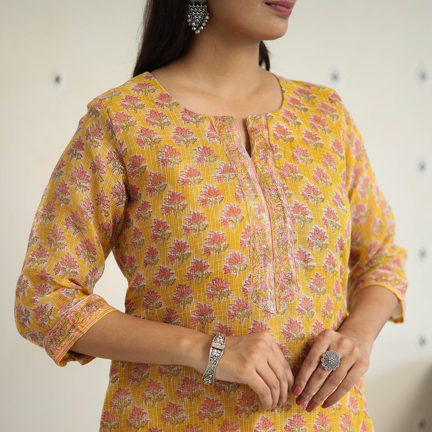 Yellow Block Print Kota Doria Cotton Sanganeri Kurta Set (Set of 3)