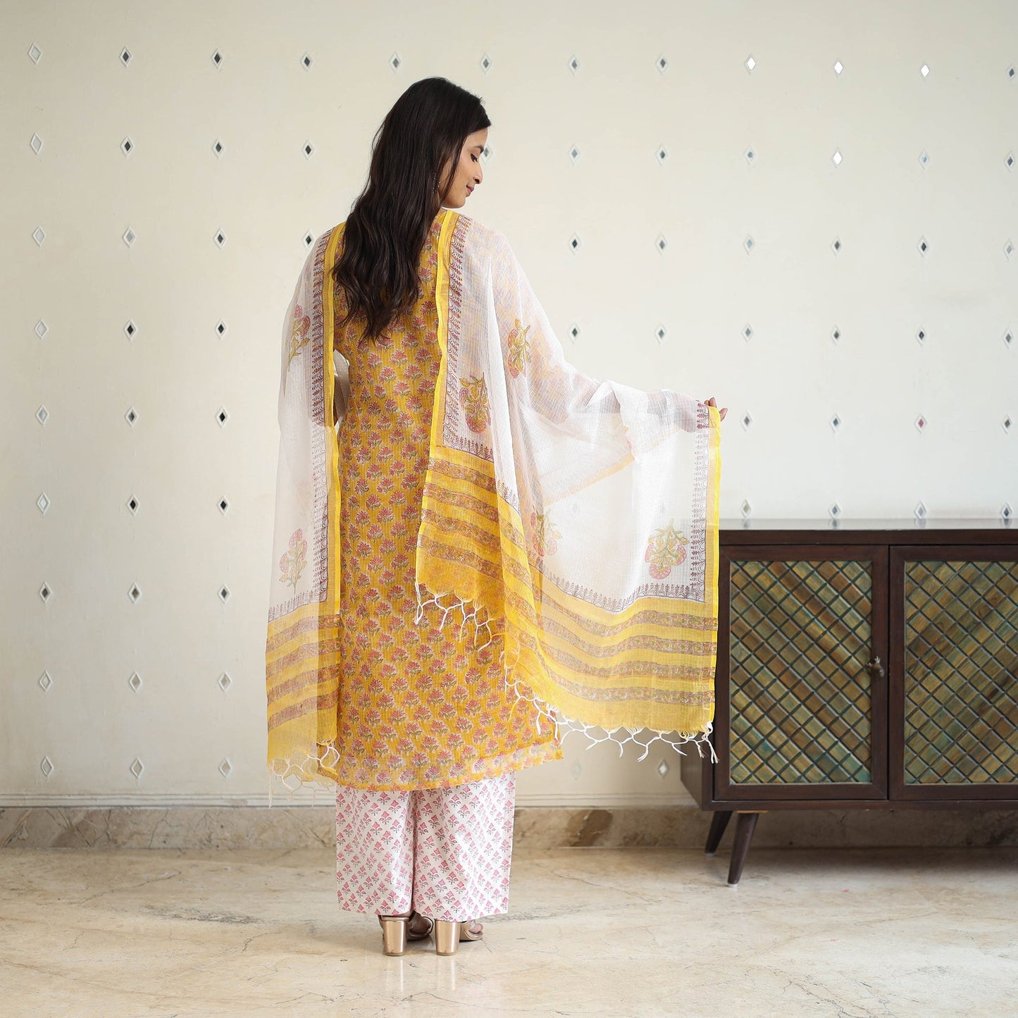 Yellow Block Print Kota Doria Cotton Sanganeri Kurta Set (Set of 3)