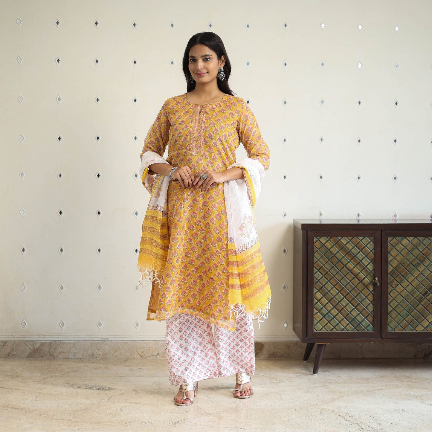 Yellow Block Print Kota Doria Cotton Sanganeri Kurta Set (Set of 3)