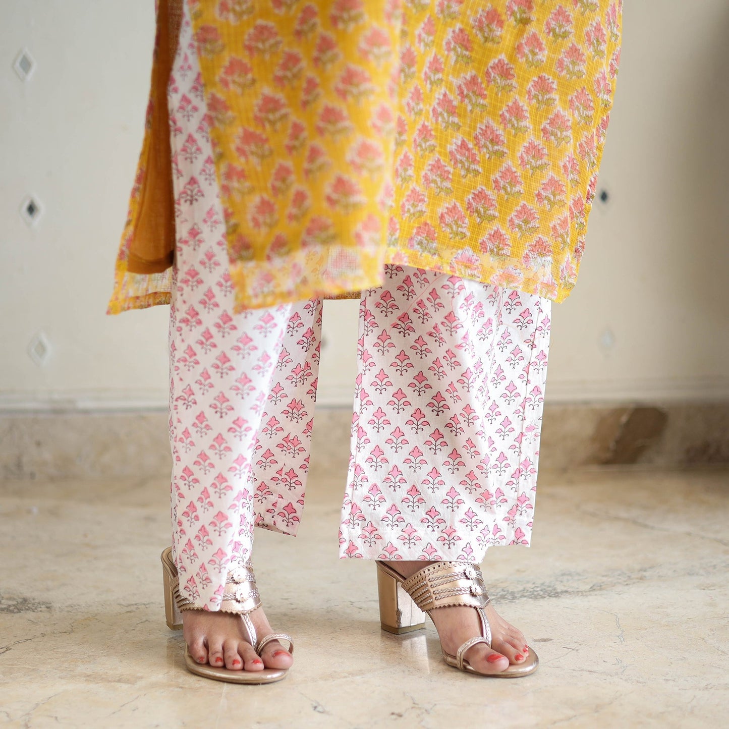 Yellow Block Print Kota Doria Cotton Sanganeri Kurta Set (Set of 3)